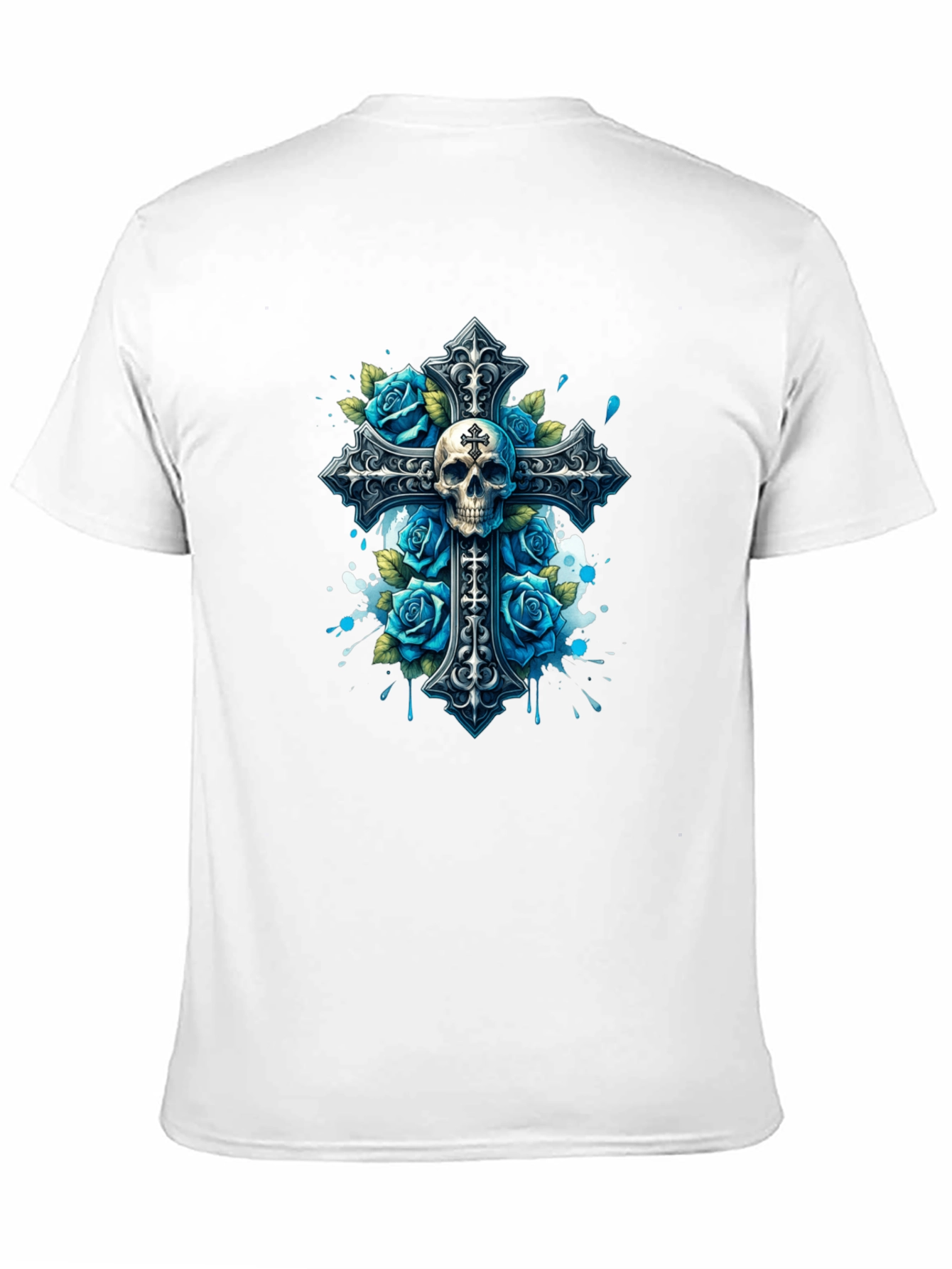 Camiseta Negra con Cruz Calavera y Rosas Azules