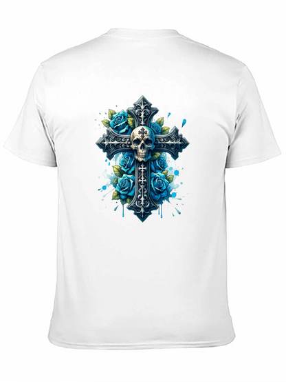 Camiseta Negra con Cruz Calavera y Rosas Azules