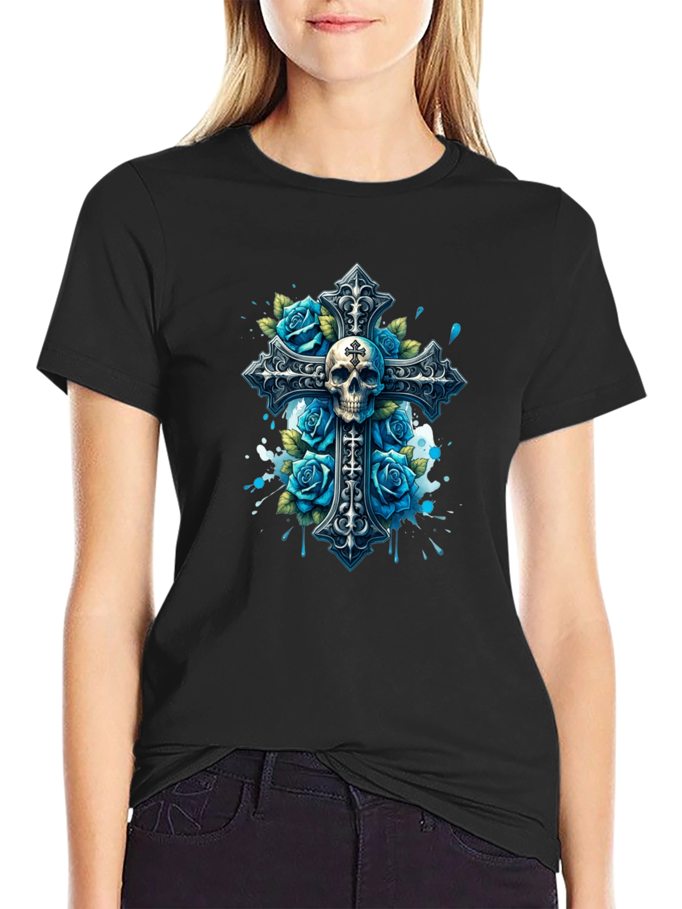 Camiseta Negra con Cruz Calavera y Rosas Azules