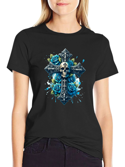 Camiseta Negra con Cruz Calavera y Rosas Azules