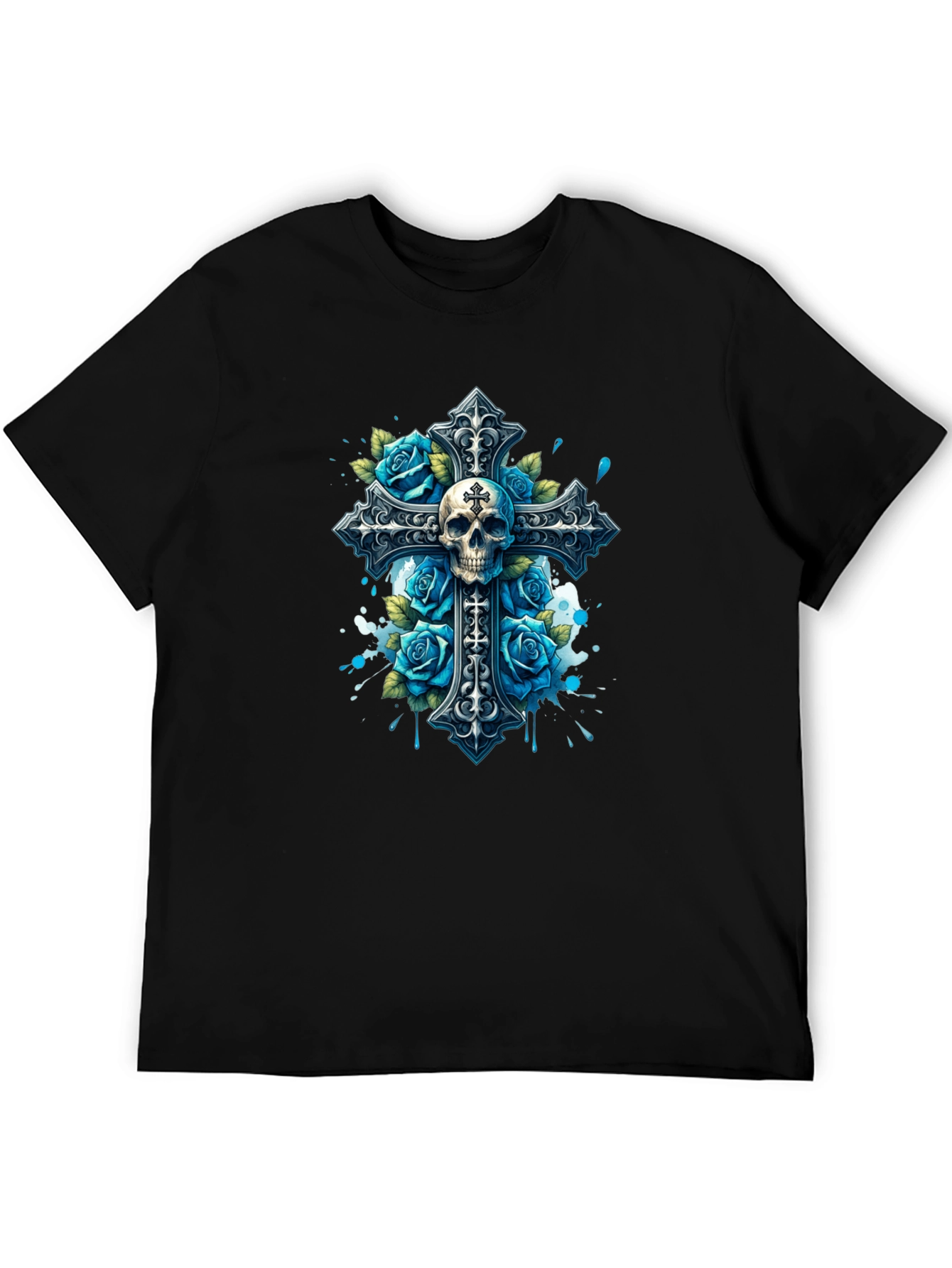 Camiseta Negra con Cruz Calavera y Rosas Azules