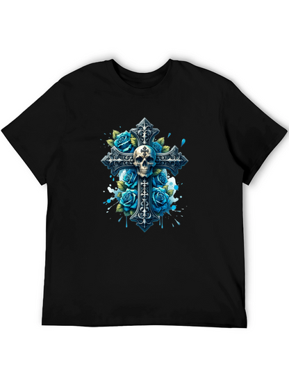 Camiseta Negra con Cruz Calavera y Rosas Azules