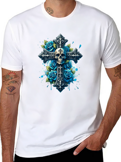 Camiseta Negra con Cruz Calavera y Rosas Azules