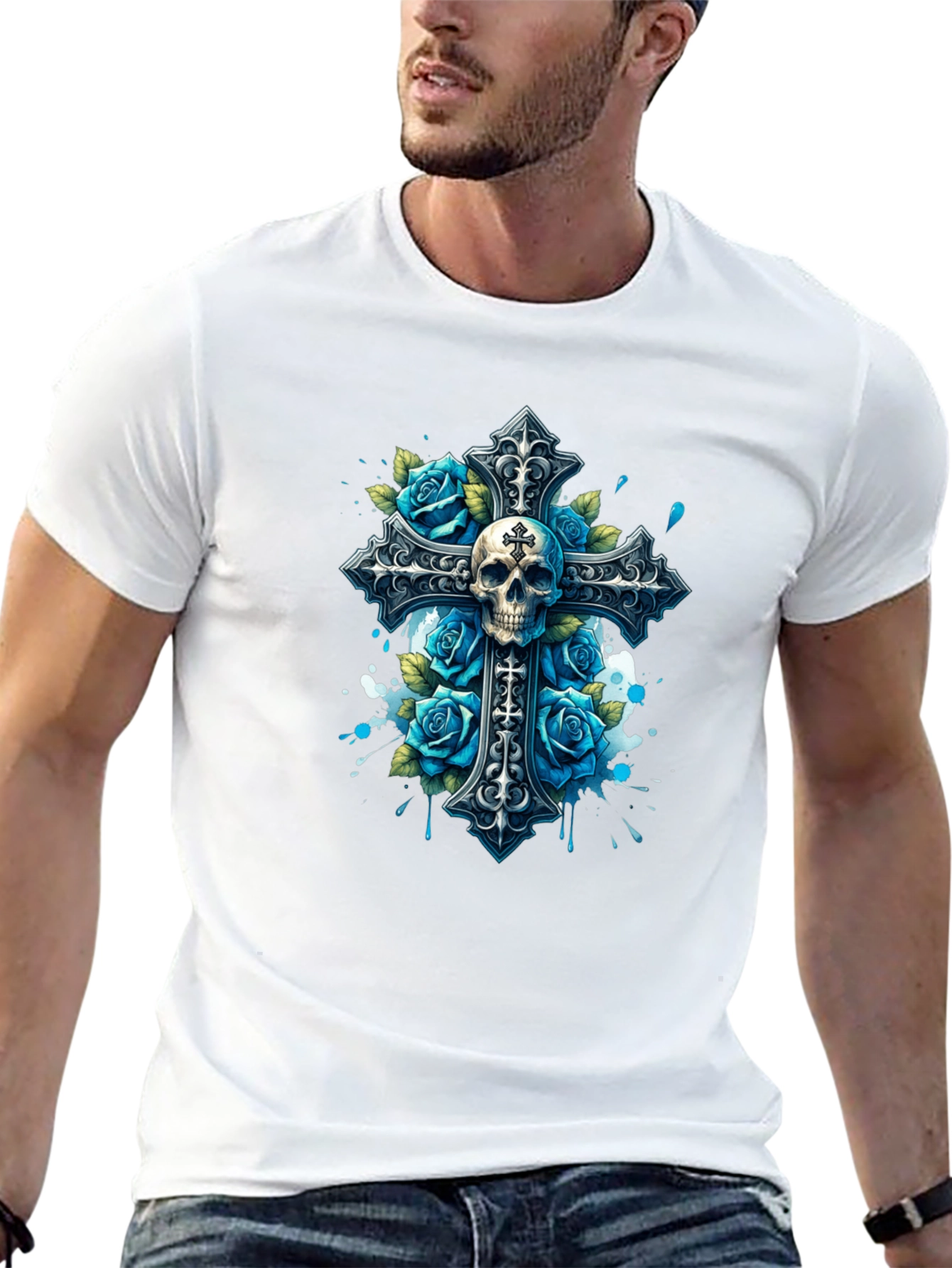 Camiseta Negra con Cruz Calavera y Rosas Azules