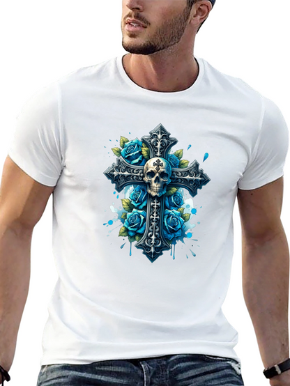 Camiseta Negra con Cruz Calavera y Rosas Azules