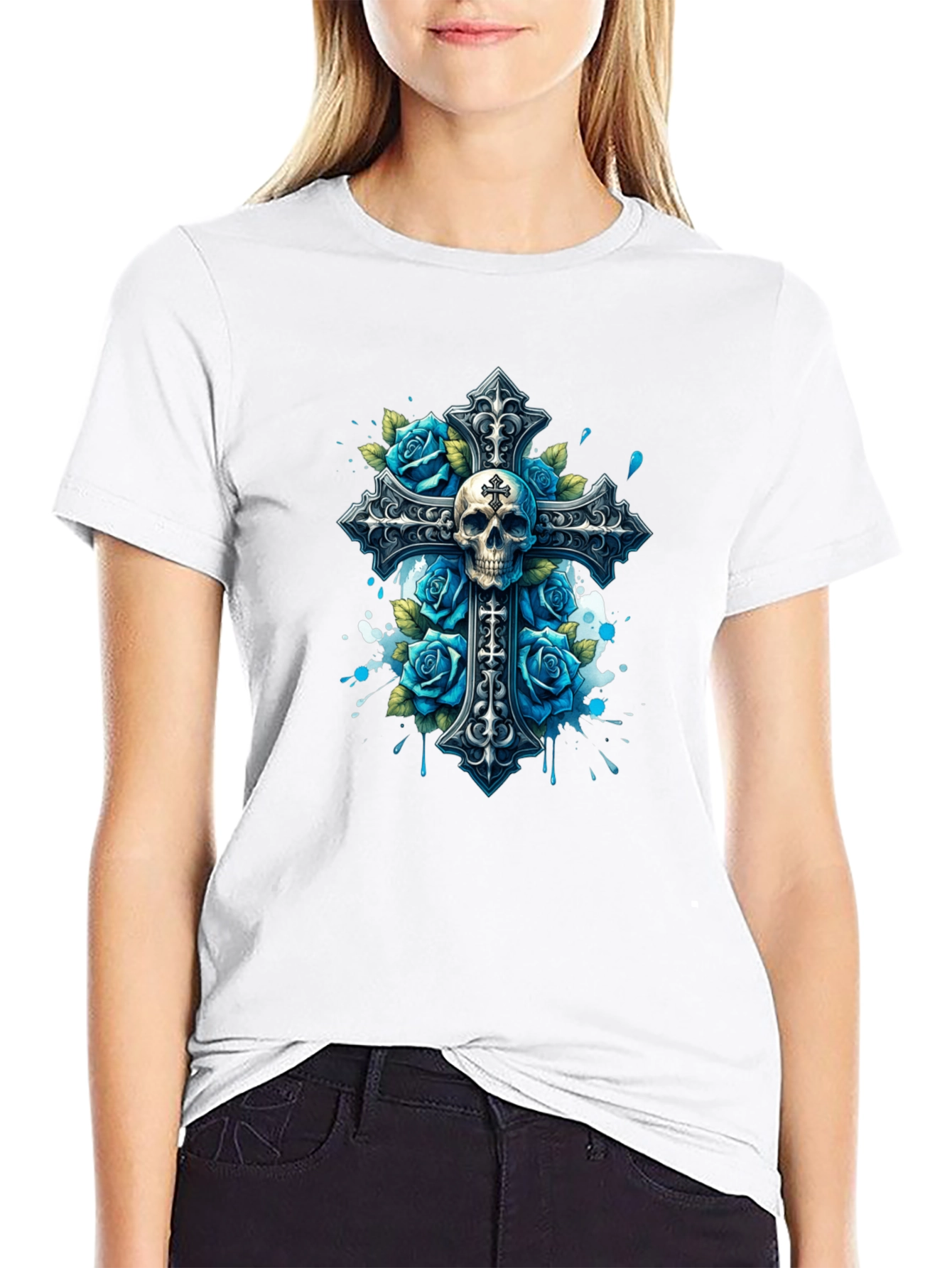 Camiseta Negra con Cruz Calavera y Rosas Azules
