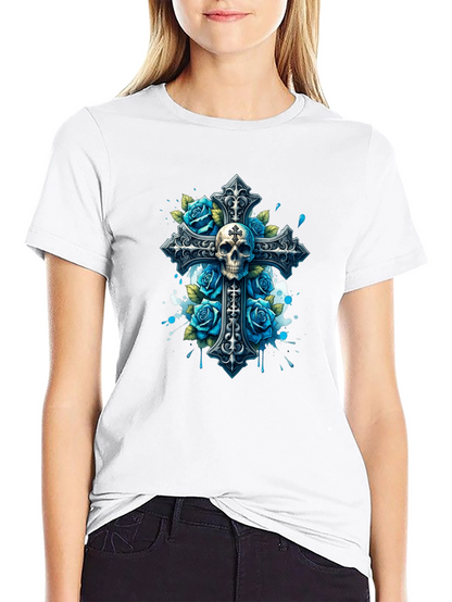 Camiseta Negra con Cruz Calavera y Rosas Azules