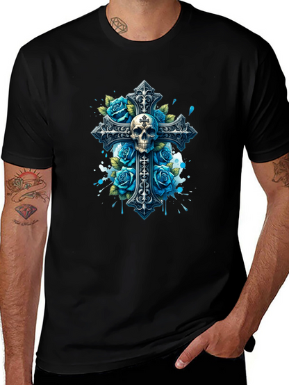 Camiseta Negra con Cruz Calavera y Rosas Azules