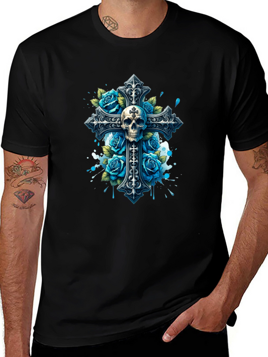 Camiseta Negra con Cruz Calavera y Rosas Azules