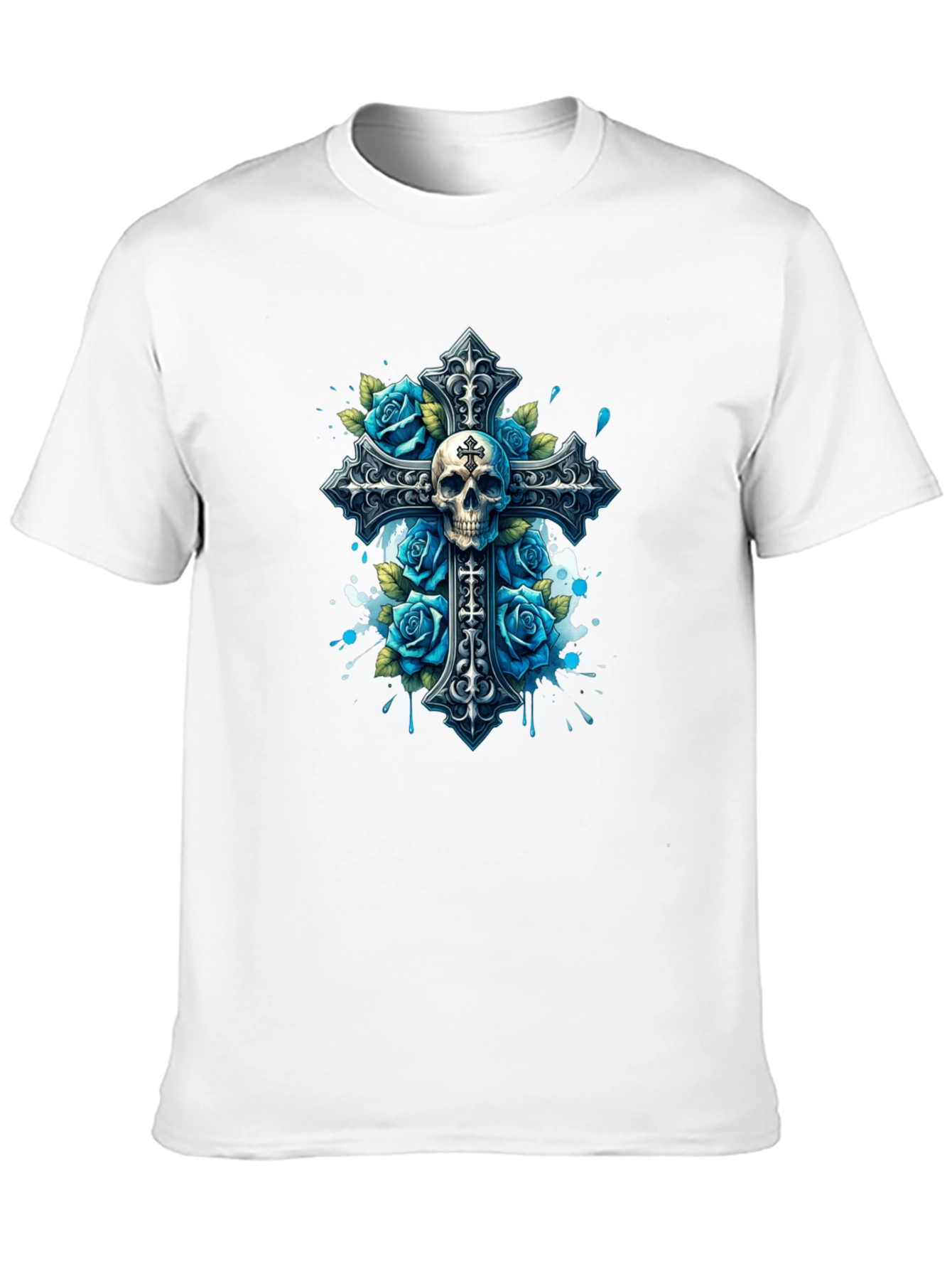 Camiseta Negra con Cruz Calavera y Rosas Azules