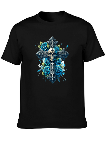 Camiseta Negra con Cruz Calavera y Rosas Azules