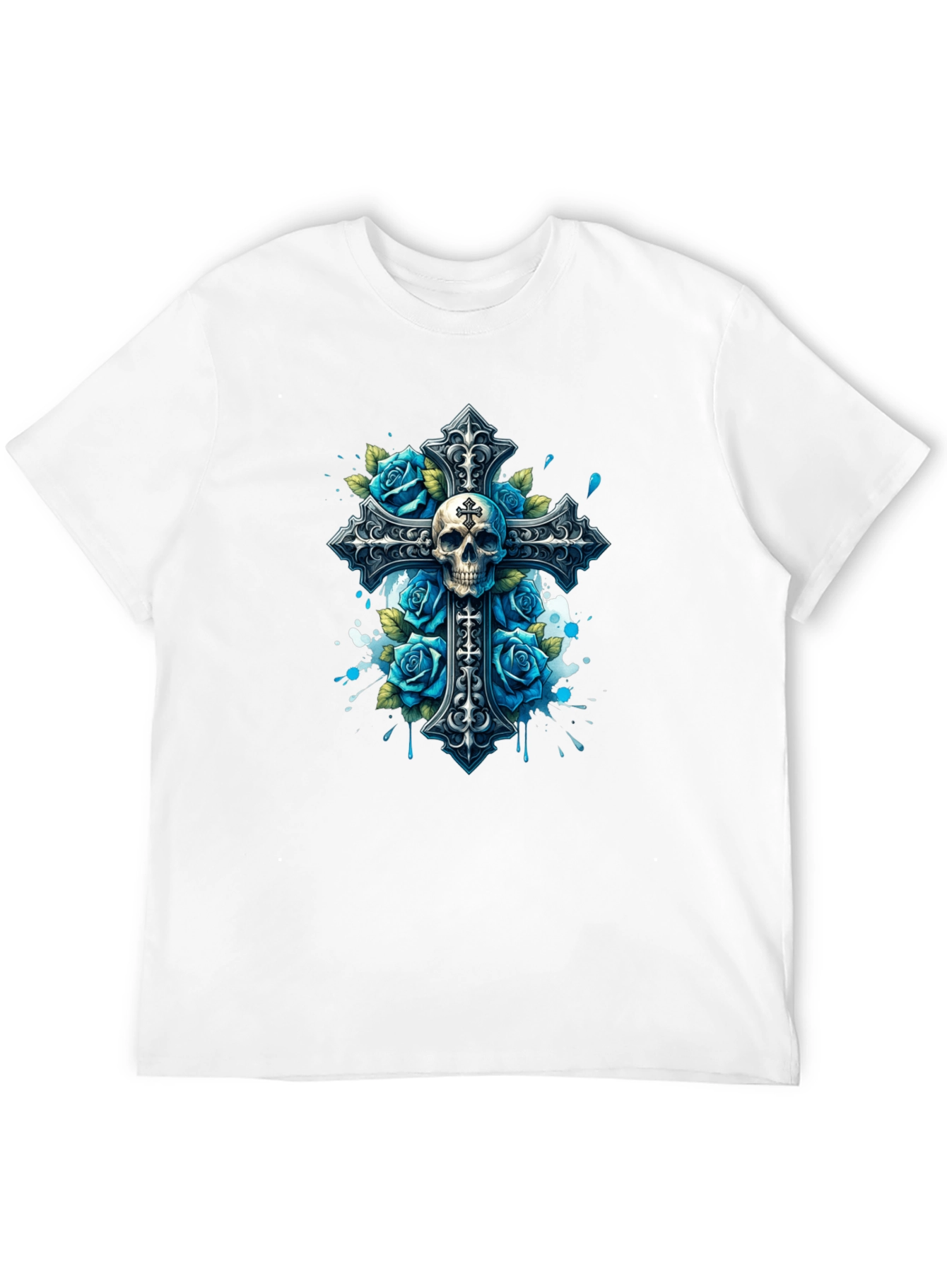 Camiseta Negra con Cruz Calavera y Rosas Azules