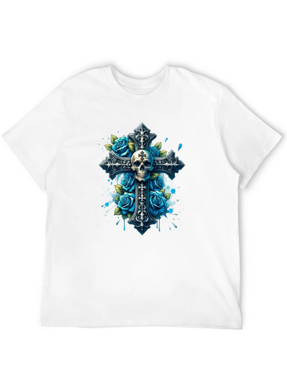 Camiseta Negra con Cruz Calavera y Rosas Azules