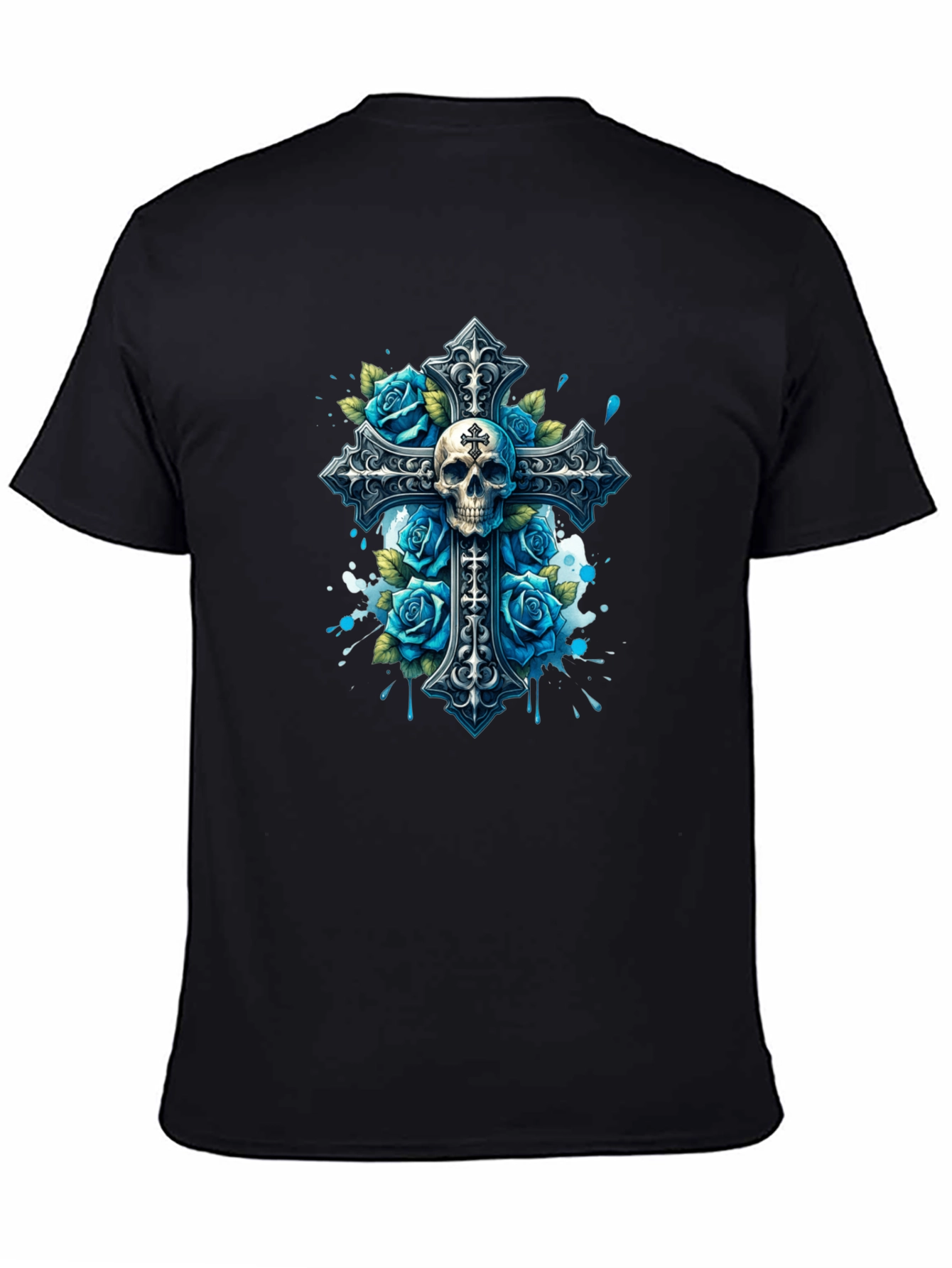 Camiseta Negra con Cruz Calavera y Rosas Azules