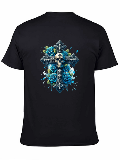Camiseta Negra con Cruz Calavera y Rosas Azules