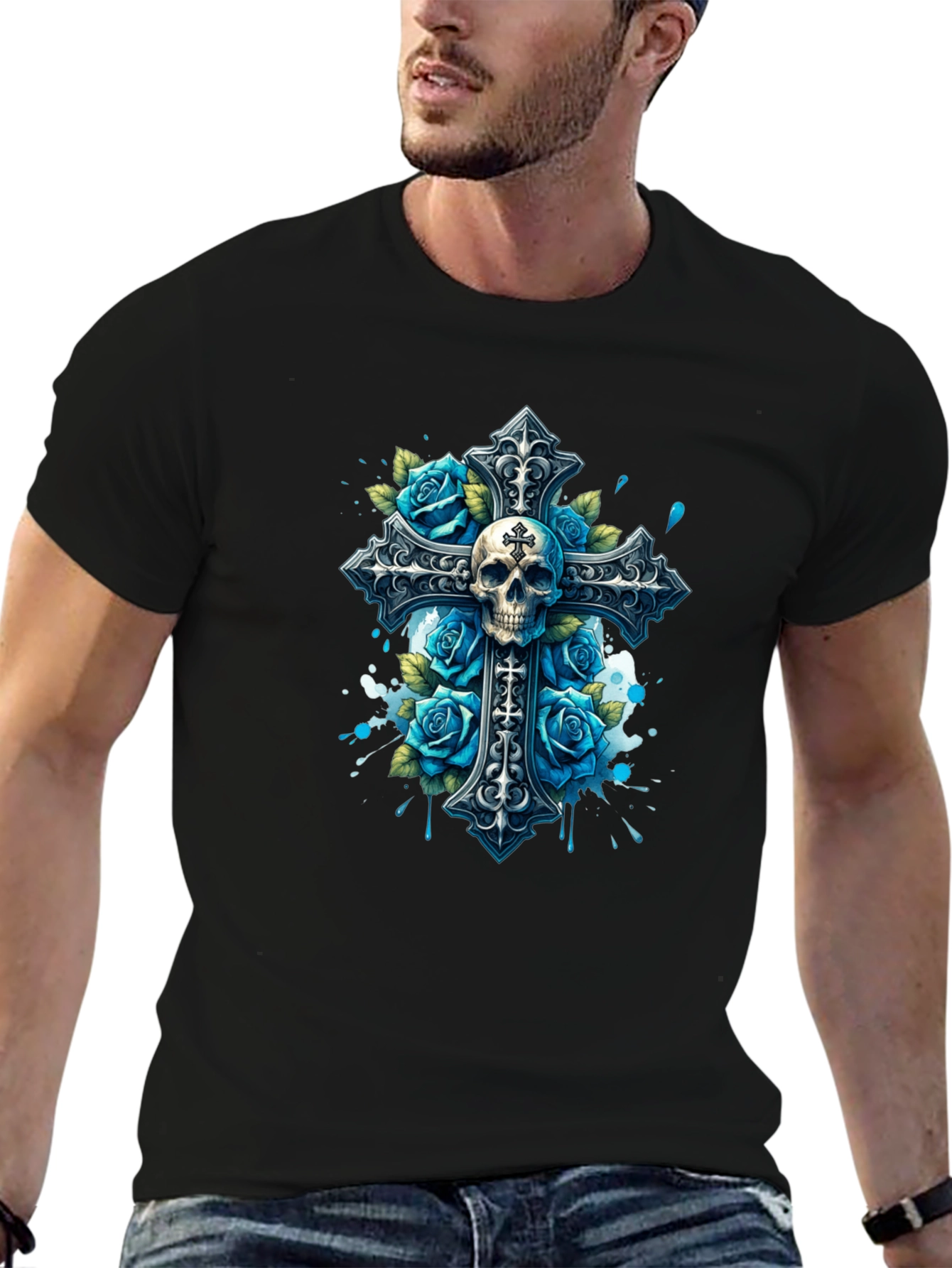 Camiseta Negra con Cruz Calavera y Rosas Azules