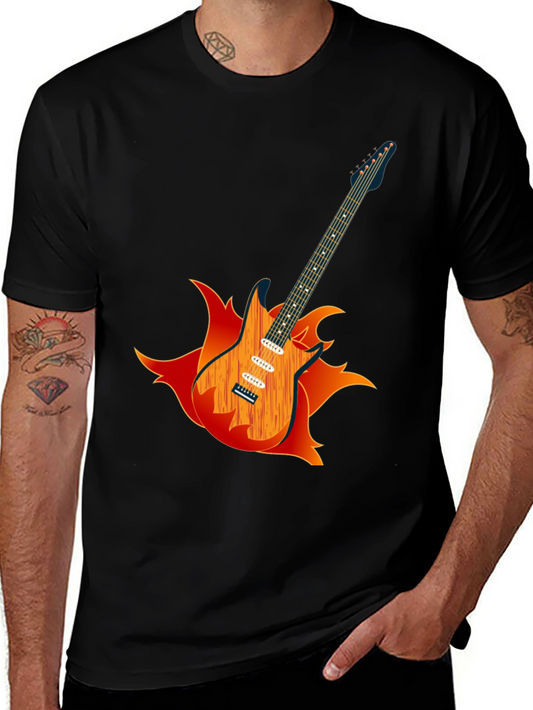 Camiseta Negra con Diseño de Guitarra en Llamas