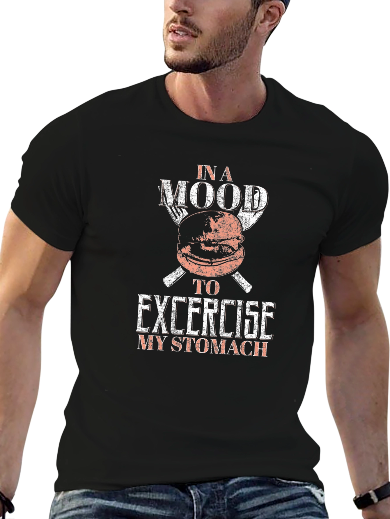 Camiseta Negra Hombre Humor Comida Excercise My Stomach