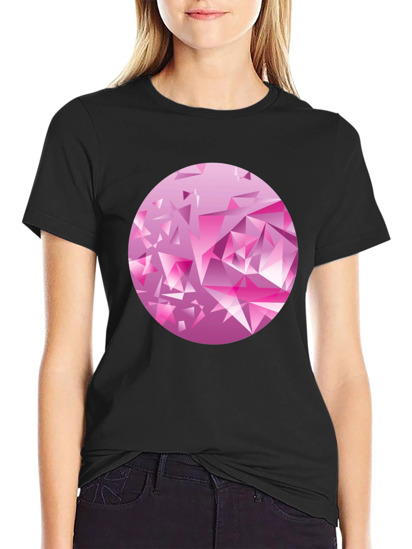 Camiseta Negra con Diseño Abstracto Rosa