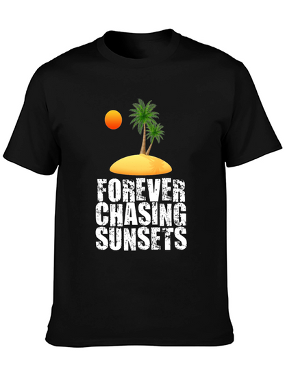 Camiseta Negra Persiguiendo Atardeceres Casual de Algodón