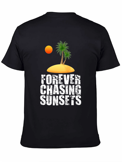 Camiseta Negra Persiguiendo Atardeceres Casual de Algodón