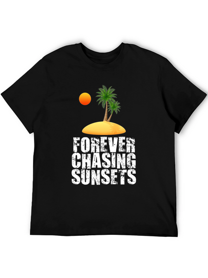 Camiseta Negra Persiguiendo Atardeceres Casual de Algodón