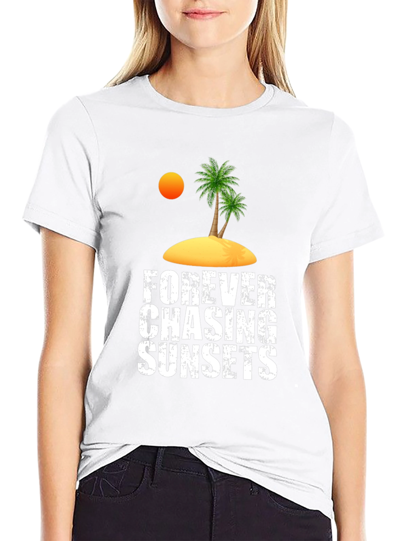 Camiseta Negra Persiguiendo Atardeceres Casual de Algodón