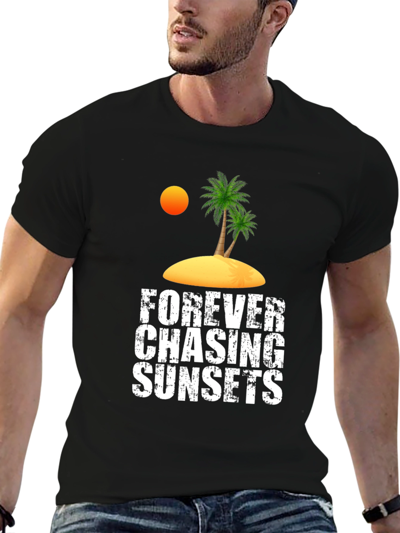 Camiseta Negra Persiguiendo Atardeceres Casual de Algodón