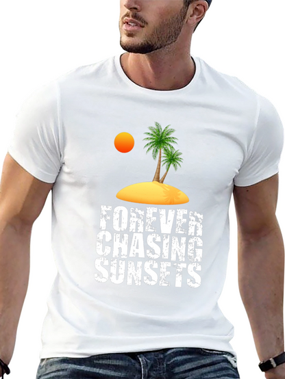 Camiseta Negra Persiguiendo Atardeceres Casual de Algodón