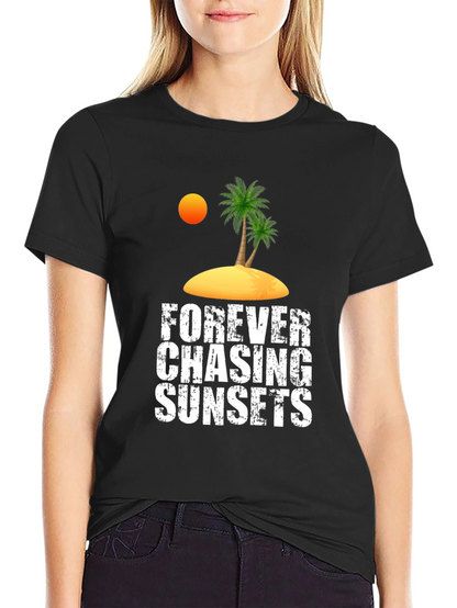 Camiseta Negra Persiguiendo Atardeceres Casual de Algodón