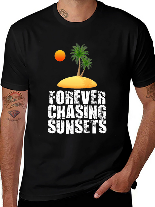 Camiseta Negra Persiguiendo Atardeceres Casual de Algodón