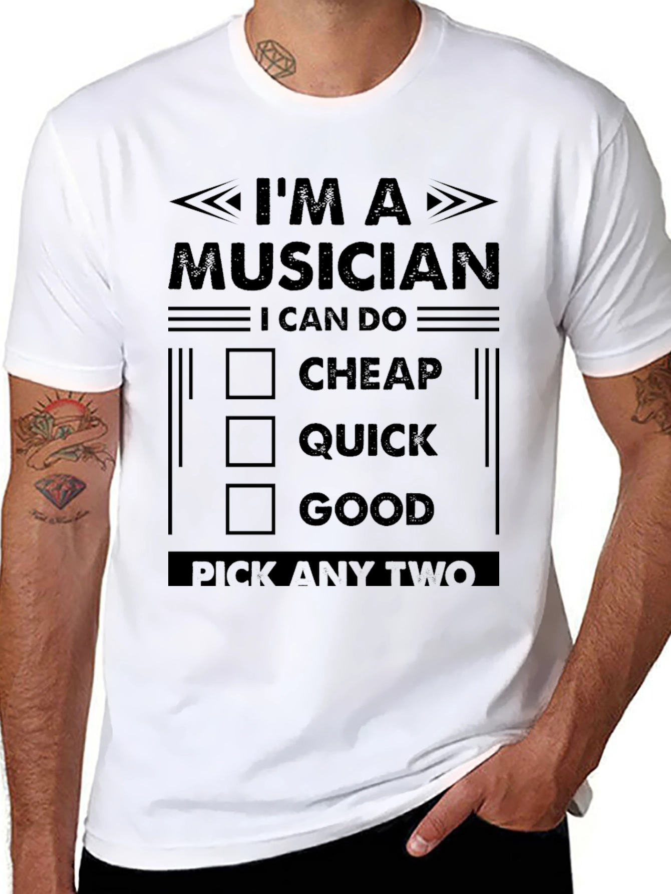 Camiseta Negra: Músico - Rápido Bueno Barato. Elige Dos