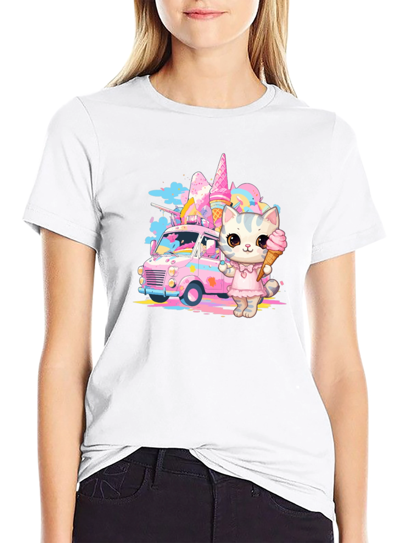 Camiseta Negra con Diseño de Gato Heladero