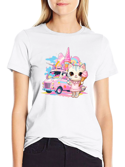 Camiseta Negra con Diseño de Gato Heladero