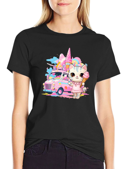 Camiseta Negra con Diseño de Gato Heladero