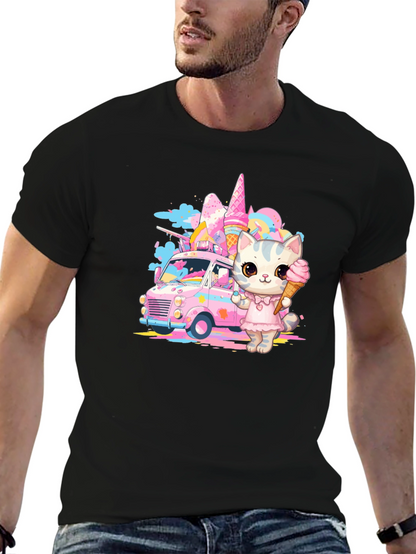 Camiseta Negra con Diseño de Gato Heladero