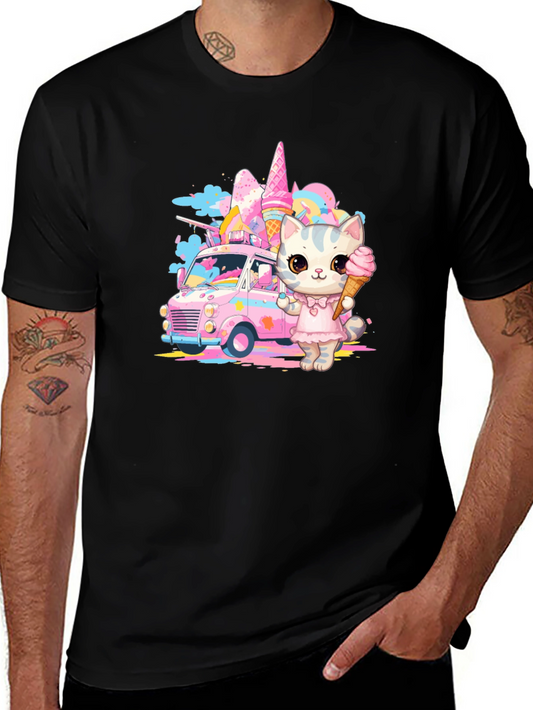 Camiseta Negra con Diseño de Gato Heladero