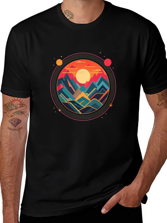 Camiseta Negra con Diseño Circular de Montañas al Atardecer
