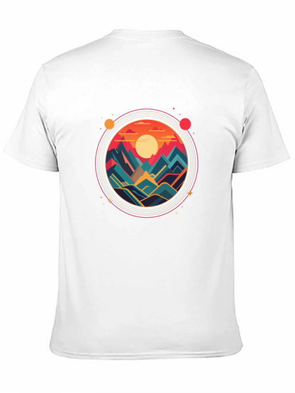 Camiseta Negra con Diseño Circular de Montañas al Atardecer