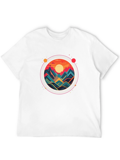 Camiseta Negra con Diseño Circular de Montañas al Atardecer