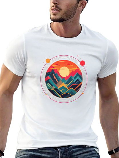 Camiseta Negra con Diseño Circular de Montañas al Atardecer