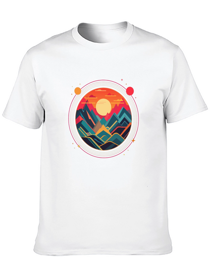 Camiseta Negra con Diseño Circular de Montañas al Atardecer