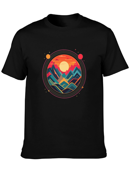 Camiseta Negra con Diseño Circular de Montañas al Atardecer