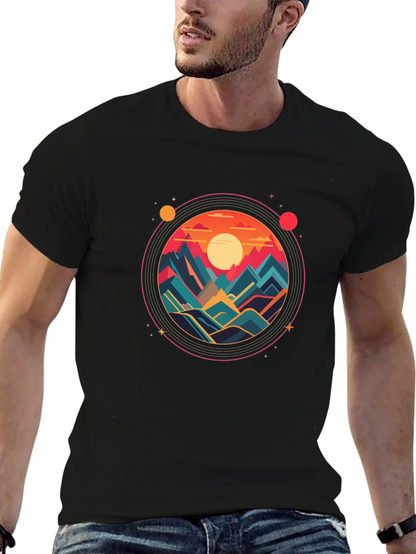 Camiseta Negra con Diseño Circular de Montañas al Atardecer