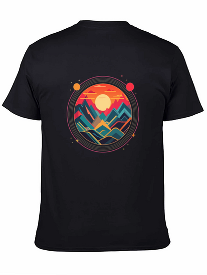 Camiseta Negra con Diseño Circular de Montañas al Atardecer
