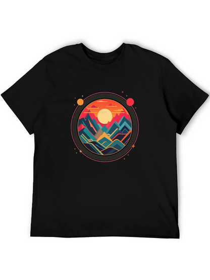 Camiseta Negra con Diseño Circular de Montañas al Atardecer