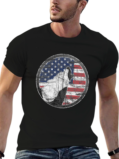 Camiseta Negra con Diseño de Lobo y Bandera Americana