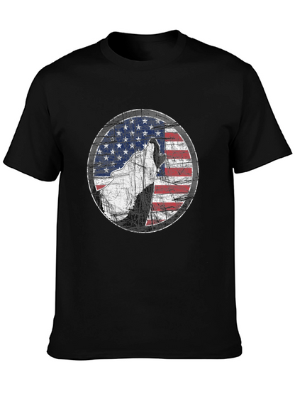 Camiseta Negra con Diseño de Lobo y Bandera Americana