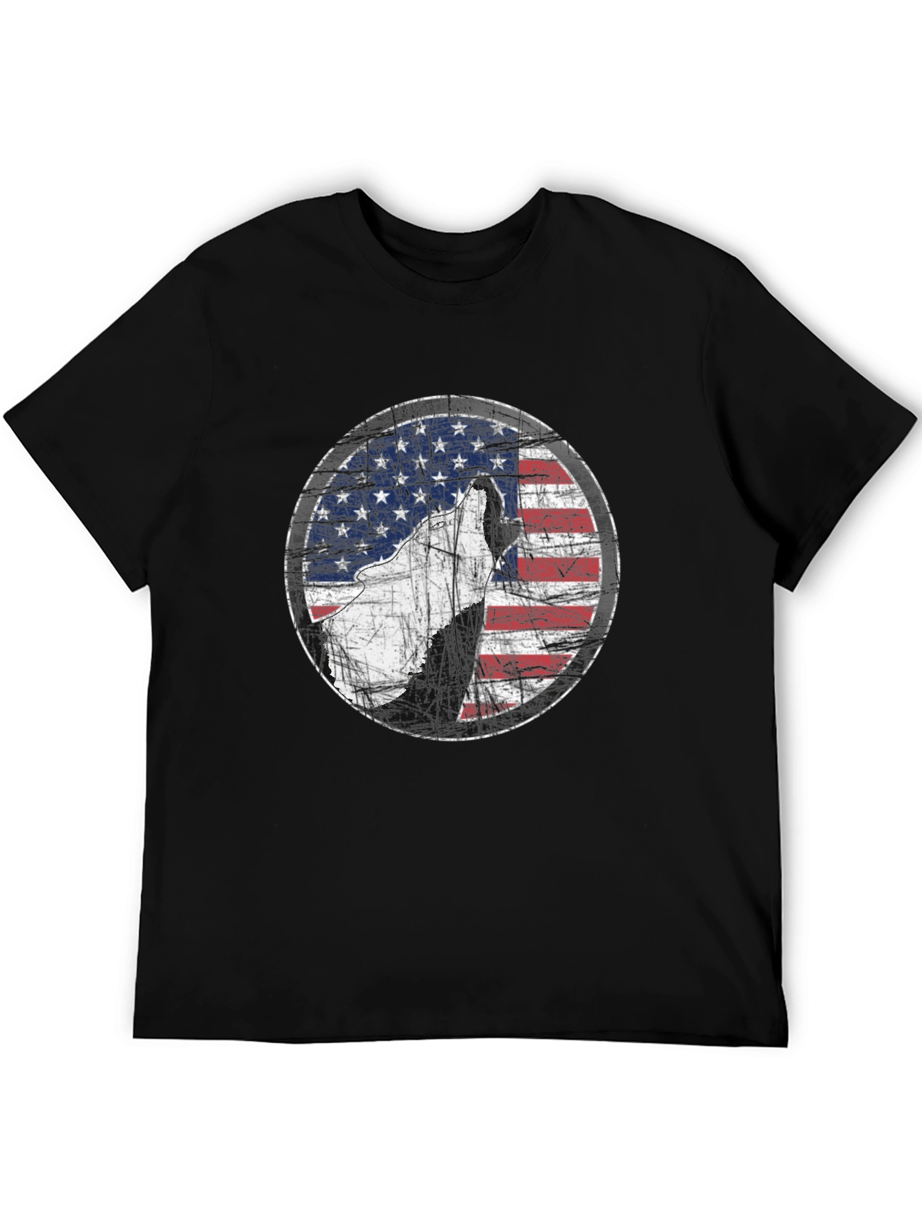 Camiseta Negra con Diseño de Lobo y Bandera Americana