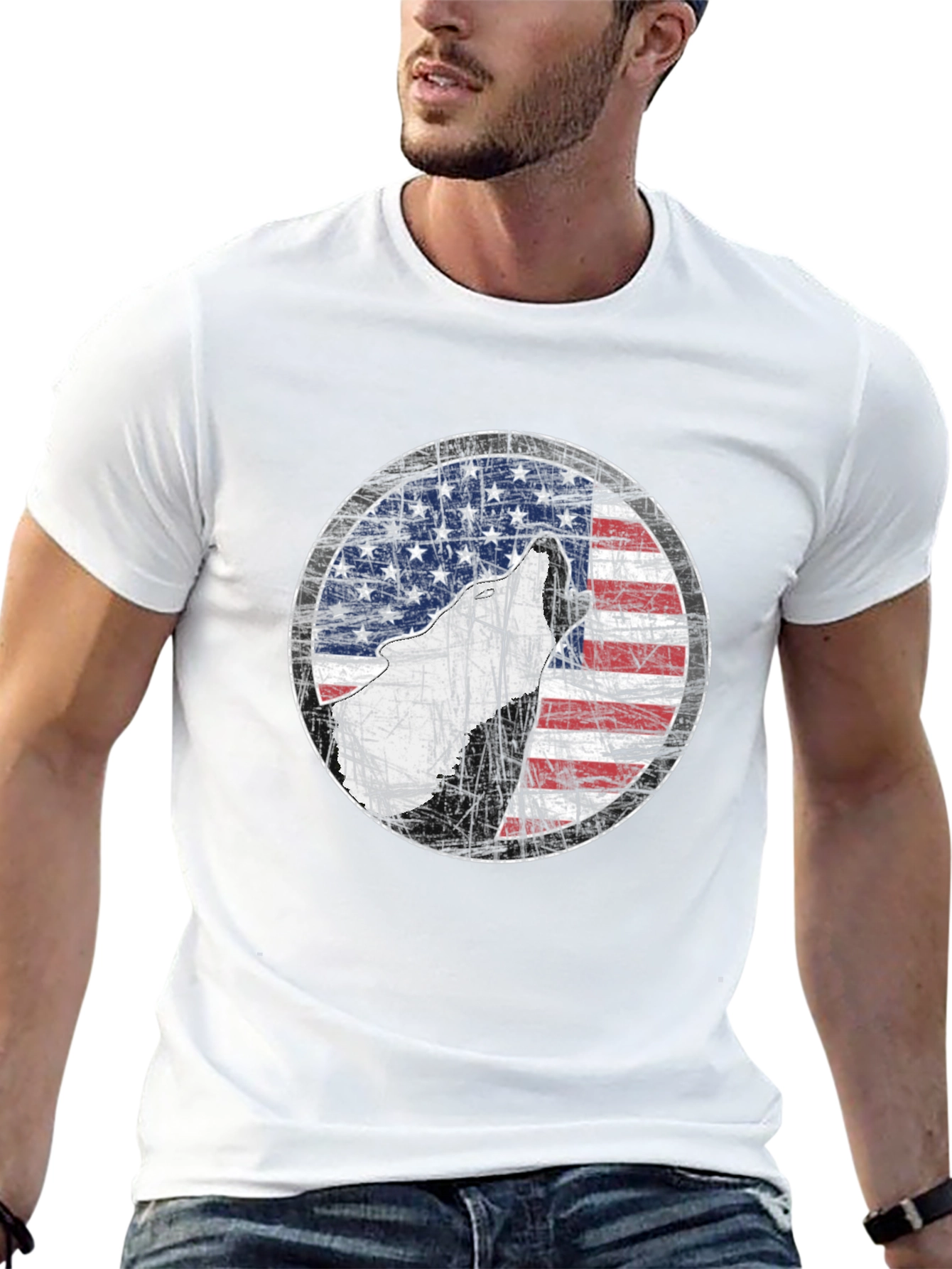 Camiseta Negra con Diseño de Lobo y Bandera Americana